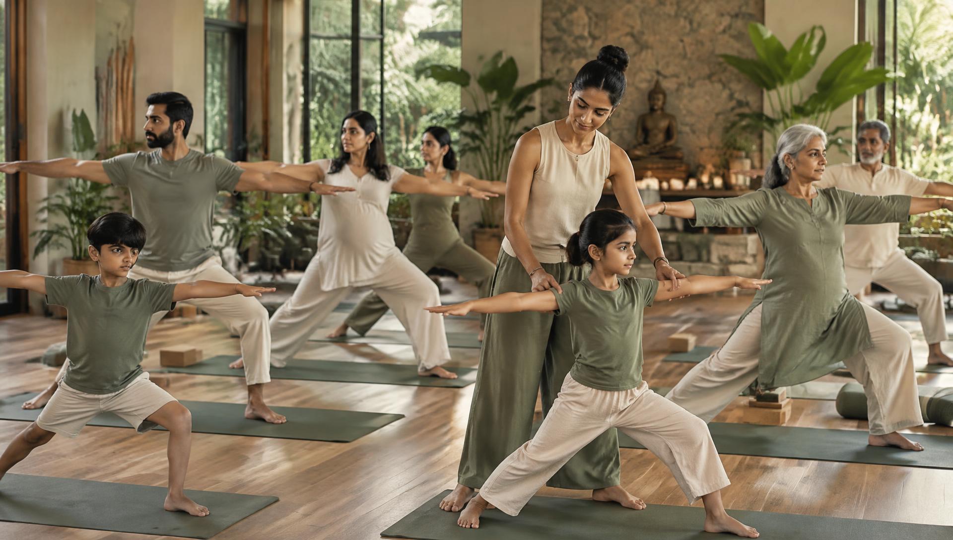 An Indian yoga community practising together across generations