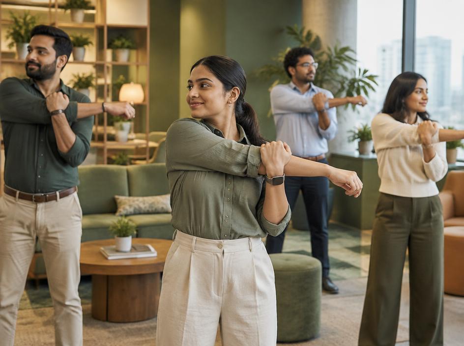 Professionals doing a mindful stretch session at work