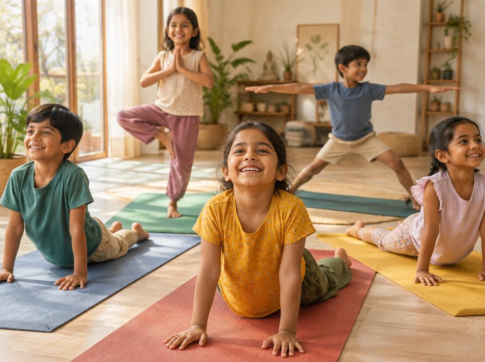 Children enjoying playful yoga poses