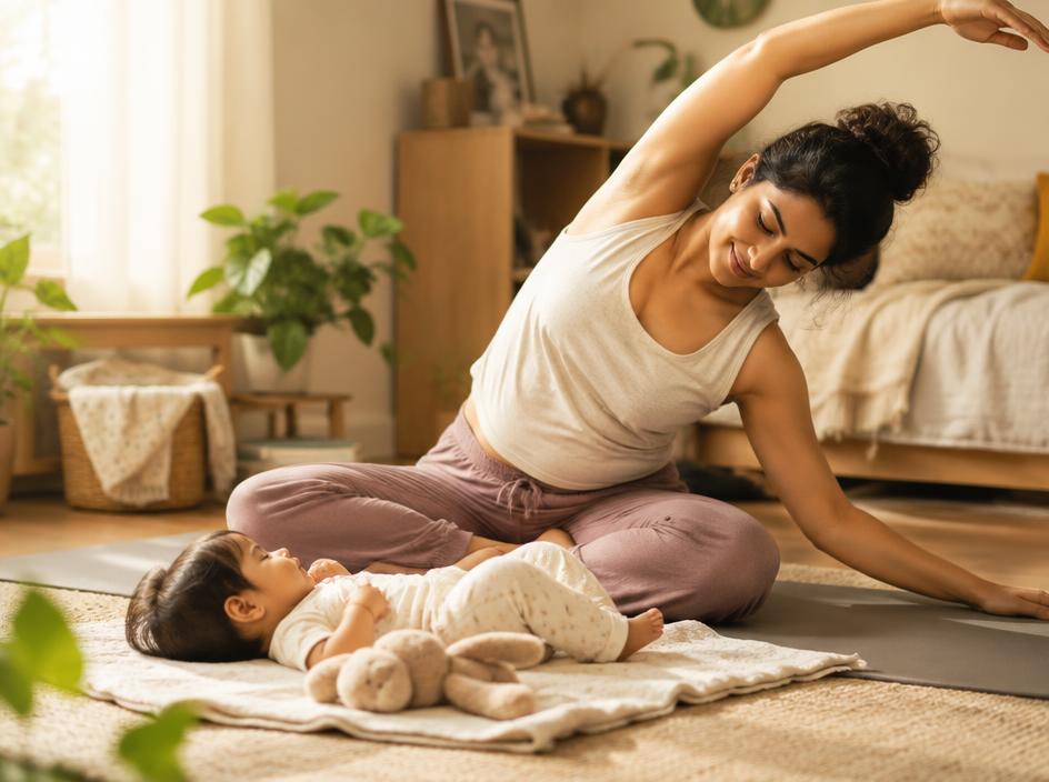 Mother stretching gently beside her baby