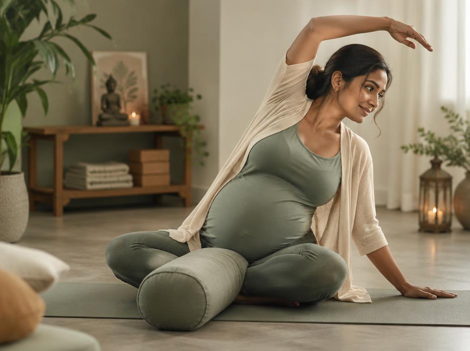 Expecting mother practising gentle prenatal yoga