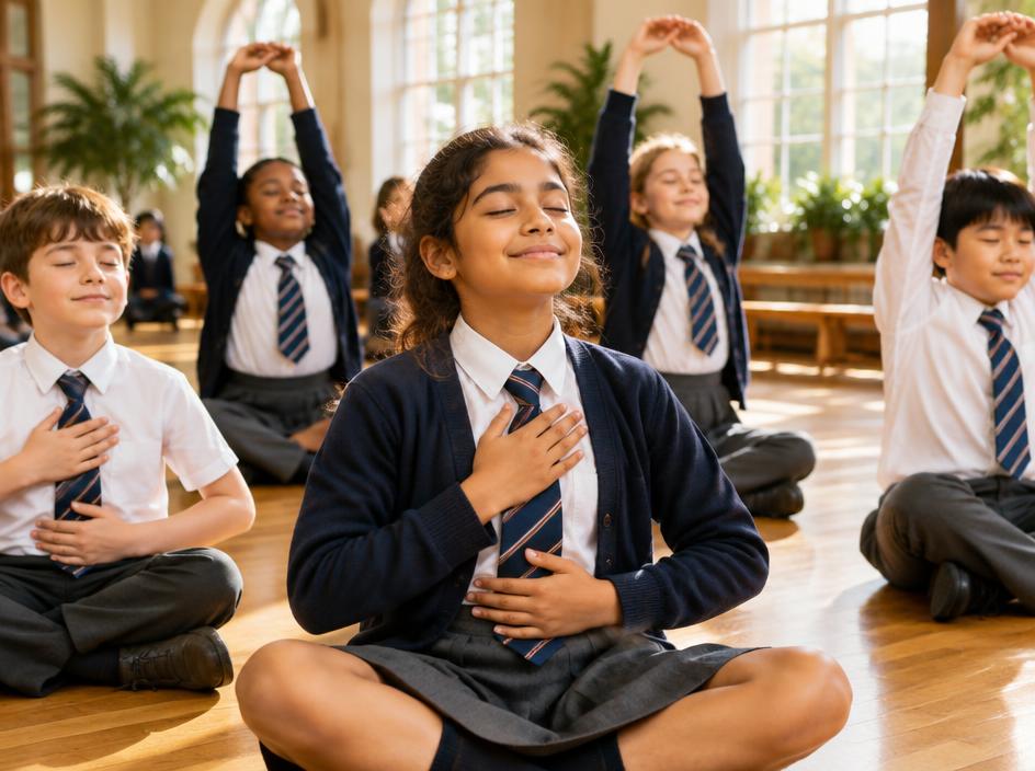 School children doing a mindful breathing session