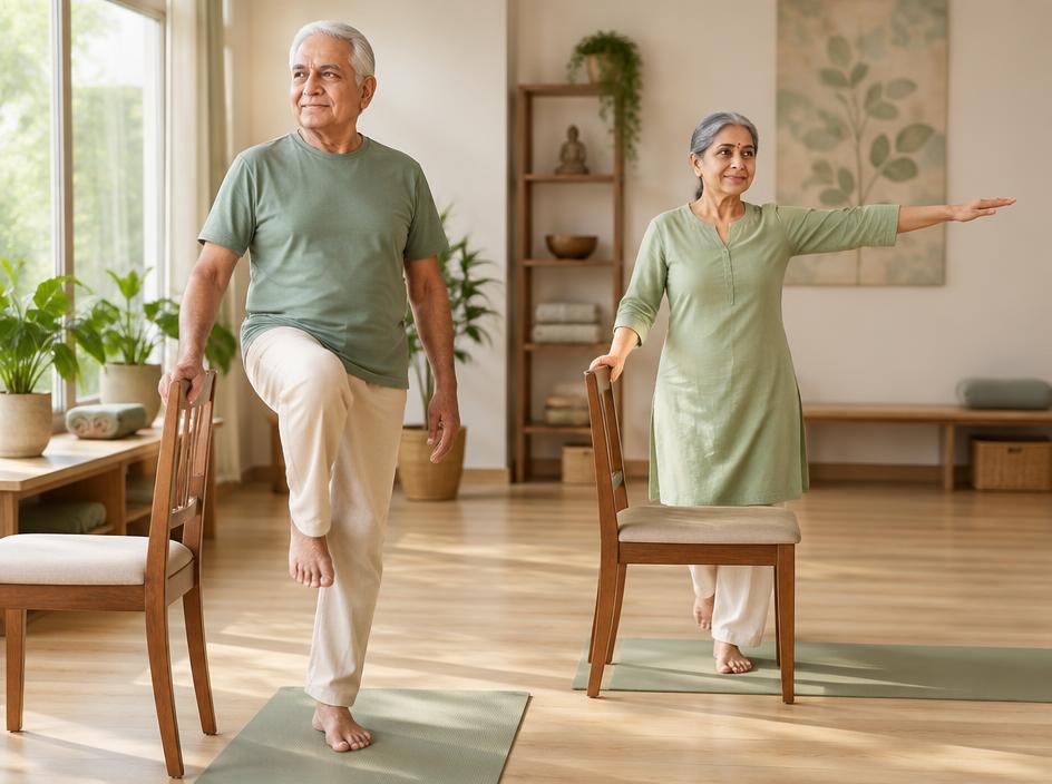Seniors practising balance exercises with chair support